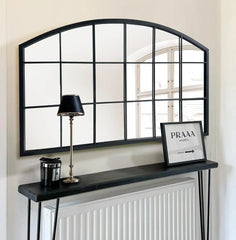 Black Grid Wall Mirror,Wide Window Pane Black Mirror,Farmhouse Arched Wall Mirror,Mantel Mirror for Fireplace/Entryway/H