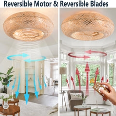 Modern Led Ceiling Fans With Light Bamboo Rattan Hand-Woven Retro Ceiling Lamp With Fans Remote Control 110V