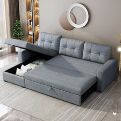 Pull-Out Couch with Storage Chaise and Armrests, Convertible Sectional Sleeper Sofa Bed with Removable Back Cushions