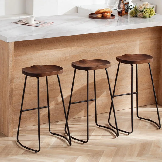 Bar Stools Set of 3, Solid Wood Counter Height Bar Stools 30 Inch Saddle Seat Barstool Rustic Tall Bar Height Stool