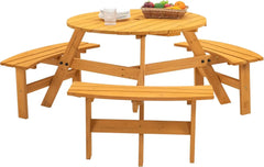 6 Person Outdoor Picnic Table, Round Picnic Table with 3 Built-in Benches, Umbrella Hole,Outside Wood Picnic Table and Bench Set