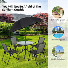 6 Piece Folding Patio Dining Set,Small Metal Outdoor Garden Patio Table and Chair Set w/Umbrella for Lawn,Deck,Backyard