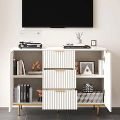 Modern Sideboard Cabinet with Fluted Doors, Gold Legs and Handle - Buffets & Sideboards for Elegant Living Spaces