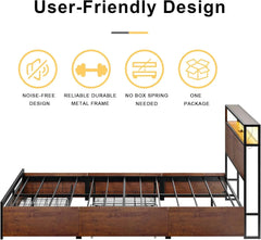 Queen Bed Frame with Storage Headboard and 4 Drawers Bed Frame Queen Size with Charging Station LED Lights Metal