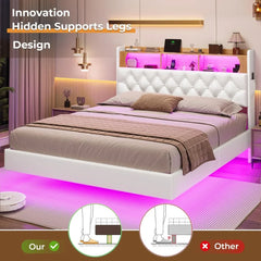 Floating Queen Bed Frame with LED Lights & Storage Headboard, Leather Upholstered Floating Platform Bed with Charging Station
