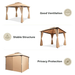 10'x10' Outdoor Gazebo, Unique Arc Roof Design and Privacy Curtains Included, Khaki