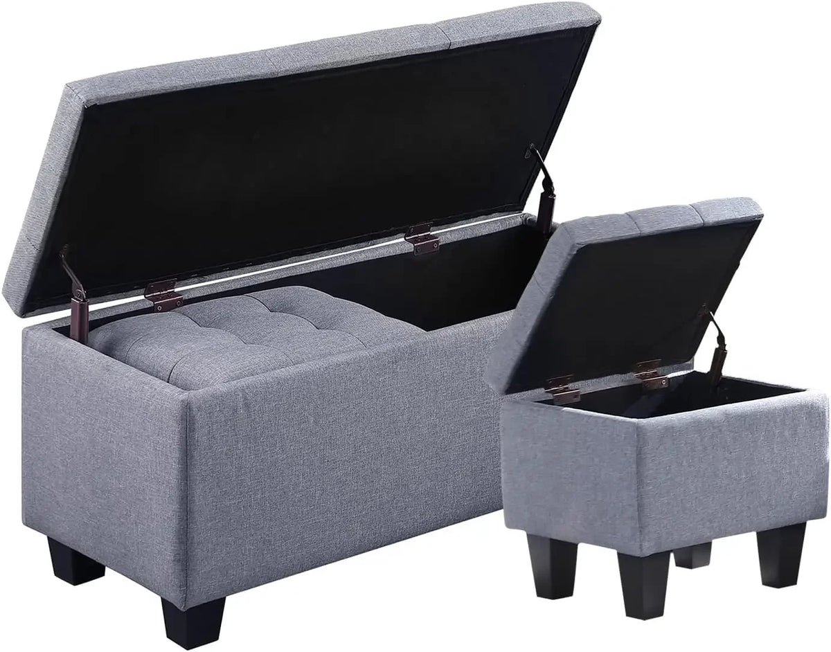 Hinged Storage Ottoman Set of 3, 38'' Living Room Storage Bench with Thick Seating, 2pcs Small Square Dorm Stool