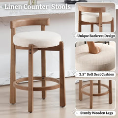 Mid Century Modern Bar Stools Set of 2, Counter Stools with Back, Linen Upholstered Barstools with Solid Wood Legs Bar Chairs