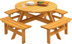 6 Person Outdoor Picnic Table, Round Picnic Table with 3 Built-in Benches, Umbrella Hole,Outside Wood Picnic Table and Bench Set