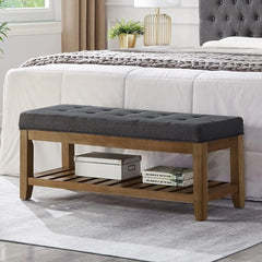 Bench, Large Rectangular Upholstered Tufted Linens Fabric Ottoman Benches, Padded Benches with Solid Wood Shelf-Linen, Bench