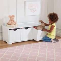 Nantucket Wood Storage Bench with Removable Bins Indoor Seating Toy Organizer Kids Furniture Playroom Storage Solution