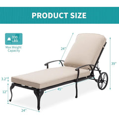 Outdoor Chaise Lounge Chair with Cushion - Poolside Set of 1 Chairs for Outside Cast Aluminum Waterproof Lounger, Lounge Chair
