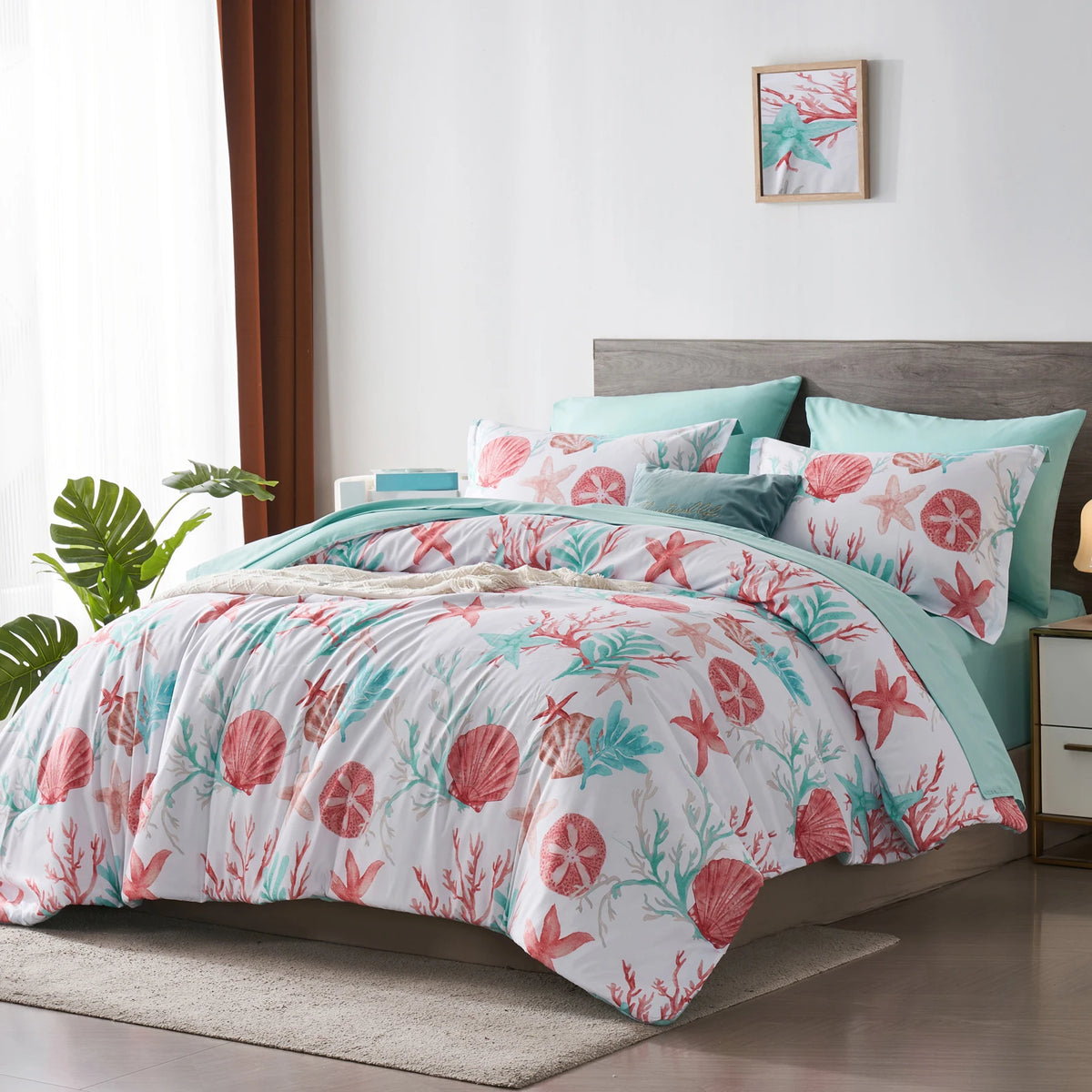 7 Piece Bed In A Bag Bed Comforter Set Queen, Fashion Starfish Coral Print, Boho Print Comforter And Sheet, Pillowcase Set,