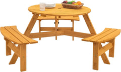 6 Person Outdoor Picnic Table, Round Picnic Table with 3 Built-in Benches, Umbrella Hole,Outside Wood Picnic Table and Bench Set