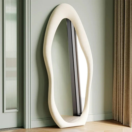 Full Length Mirror, 63" x 24" Wall Mirror, Flannel Wrapped Wooden Frame ,Leaning Against Wall for Living Room, White