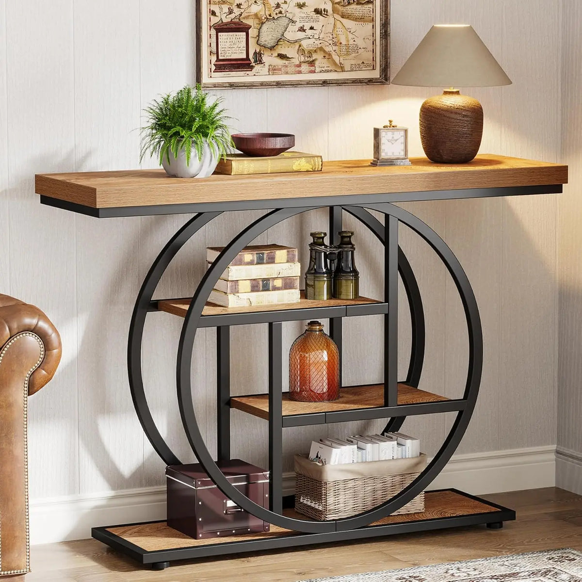 Console Table, Industrial 4-Tier Sofa Table Entryway Table with Circle Base, Narrow Wood Accent Tables with Sto