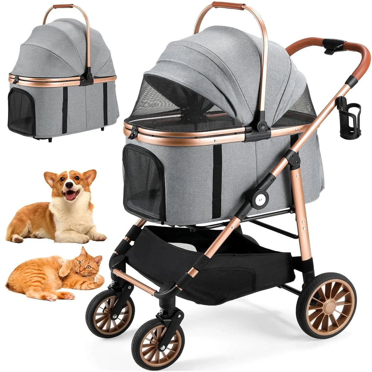 2in1 Dog Buggy Stroller Dog Box Can Be Attached in Car, Transport Foldable Cat Pet Stroller, 360° High Wheels, Max. load 25 kg