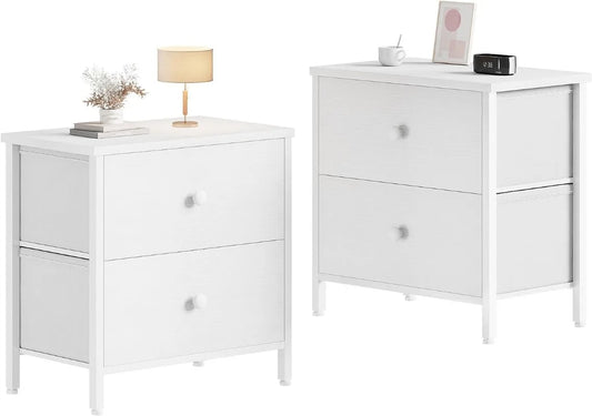 White Nightstands Set of 2, 2-Drawer Small Dresser for Bedroom, Modern End Table with Fabric Drawers