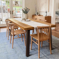 Home Acacia Wood Dining Table 6-Person Indoor Outdoor Table with Iron Legs, Sandblast Finish, Natural Stained, Rustic Met