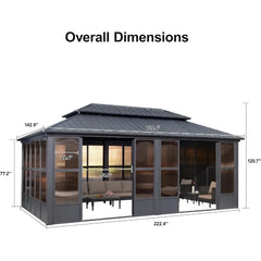 12' X 20' Sunroom, Permanent Hardtop Gazebo Solarium Galvanized Steel Double Roof Aluminum Outdoor Screen House for Patio Deck