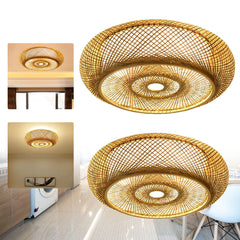 Asian Rustic Bamboo Flush Mount Ceiling Light 3-Lamp Antique Rattan Ceiling Light Weaving Lantern Lighting Fixture