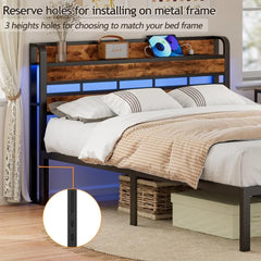 Queen Size Headboard with Storage Shelf, LED Light, USB Charging Station & Adjustable Height