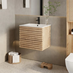 24" Floating Bathroom Vanity with Sink Combo Mid-Century Wall Mounted Cabinet with Wood Stripes Decor, Drawers, Undermount Sink