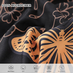 7 Piece Bed in a Bag King Size Comforter Set Black Bedding,Gold Butterfly Leaves Printed on Black Reversible Duvet Cover Set