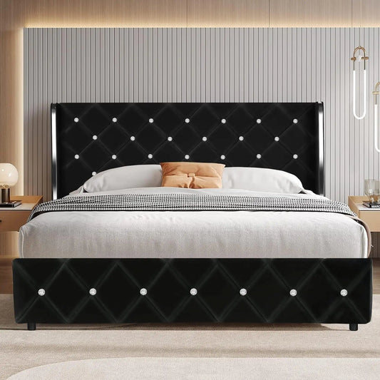 Queen Size Bed Frames with Headboard, Black Velvet Queen Bed Frame with Wingback, Upholstered Bed Frame with Diamond Headboard