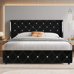 Queen Size Bed Frames with Headboard, Black Velvet Queen Bed Frame with Wingback, Upholstered Bed Frame with Diamond Headboard