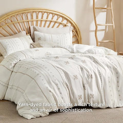 Boho Duvet Cover King Size - Checkered King Duvet Cover Set for All Seasons, 3 Pieces Soft Shabby Chic Embroidery Boho Bedding