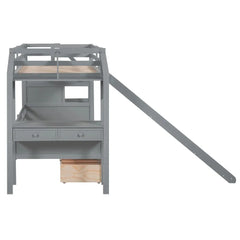 Wood Twin Over Twin Bunk Bed with Desk and Slide,Drawers Bookcase and Storage Staircase for Kids, White