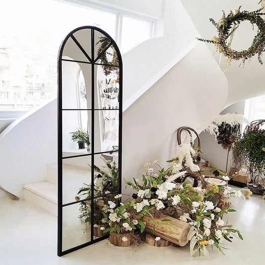 Arched Window Finished Full Length Mirror, Wall Mirror Metal Frame Home Decor Mirror Windowpane Mirror, Wall Mounted or Leaning