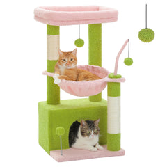 4-in-1 Cactus Cat Tree for Indoor Cat, Small Cat Tower with Large Condo, Scratching Post, Deep Hammock, Cozy Top Perch, Cat Toys