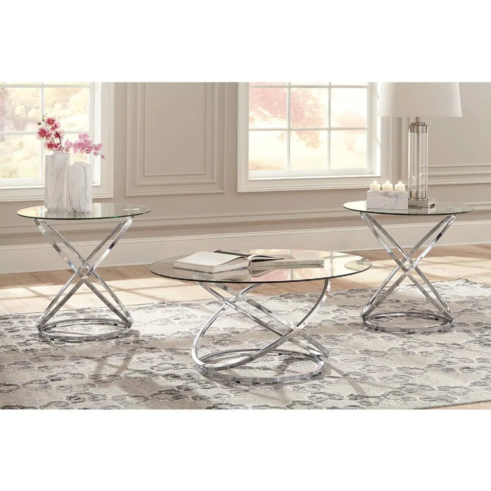 Round 3 Piece Small Table Set, Modern Art Deco, Coffee Table and 2 Side Tables, Chrome, 3 Piece Living Room Side Tables Set