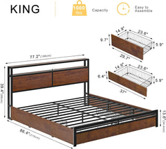 Queen Bed Frame with Storage Headboard and 4 Drawers Bed Frame Queen Size with Charging Station LED Lights Metal