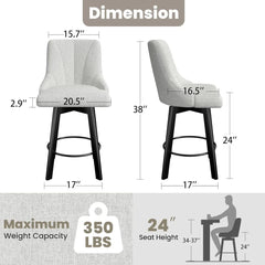 Swivel Bar Stools with Backs, 24" Counter Height Bar Stools Set of 3, Fabric Upholstered Counter Bar Stools with Solid Wood Legs