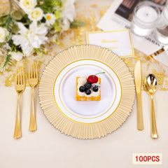 100 PCS Charger Plates Set, 13in Gold Round Dinner Plate, Plastic Decorative Service Plate Wedding Decor Table Place