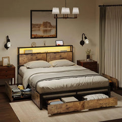 Queen Bed Frame with Storage Headboard and 4 Drawers Bed Frame Queen Size with Charging Station LED Lights Metal