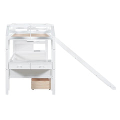 Wood Twin Over Twin Bunk Bed with Desk and Slide,Drawers Bookcase and Storage Staircase for Kids, White