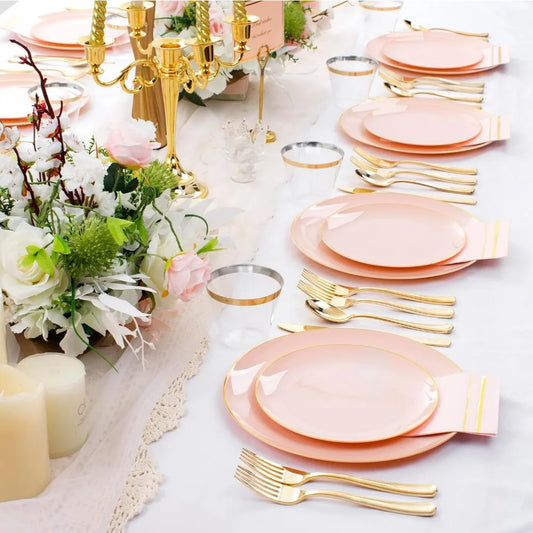 350PCS Pink and Gold Plastic Plates - Pink Disposable Plastic Dinnerware Set, Disposables Party Tableware