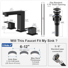 8 英寸 3 Hole Widespread Bathroom Faucet, 3 Pieces Two Handle Bathroom Sink Faucet with Pop-Up Drain and Supply Hose (Matte Bla)