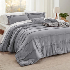 Bedsure King Comforter Set - 4 Pieces Grid Pleat Bed Set, Beige Boho Bedding for All Season, 1 Soft Comforter, 2 Pillowcases, 1