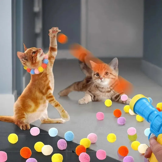 Cat Toy Ball Launcher Gun with 50-100Pc Pom Pom Plush Balls Interactive Fetch Shooting Gun for Cats Pet Play Equipment Cats toy