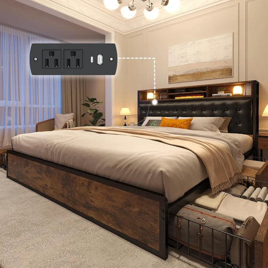 Queen Bed Frame with 4 Storage Drawers and Upholstered Headboard Meal Bed Frame Queen Size Built in Charging Station,Noise Free