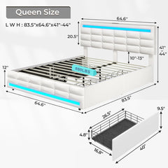Queen Bed Frame with Drawers, LED Bed Frame with Charging Station, Pu Leather Platform Bed Frame Queen Size with Storage