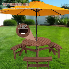 6 Person Outdoor Picnic Table, Round Picnic Table with 3 Built-in Benches, Umbrella Hole,Outside Wood Picnic Table and Bench Set
