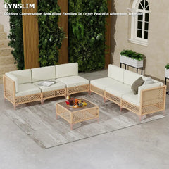 7 Piece Outdoor Patio Furniture Set, Patio Sectional Furniture Set, Wicker Outdoor Couch Sets with Glass Table and Cushions