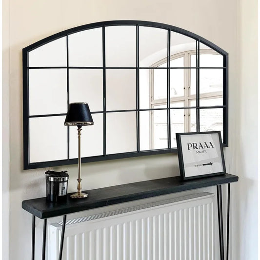 Black Grid Wall Mirror,Wide Window Pane Black Mirror,Farmhouse Arched Wall Mirror,Mantel Mirror for Fireplace/Entryway/H
