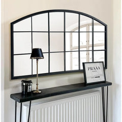 Black Grid Wall Mirror,Wide Window Pane Black Mirror,Farmhouse Arched Wall Mirror,Mantel Mirror for Fireplace/Entryway/H
